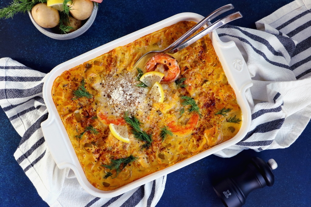 Gratin de poissons et fruits de mer et sa sauce safranée