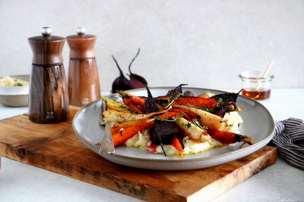 Légumes racines rôtis à l’érable et purée de panais